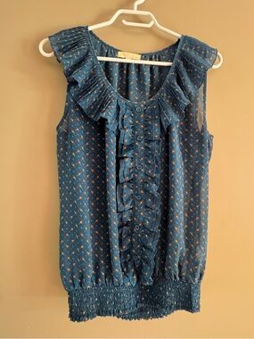 Teal Blue Ruffle-Front abstract printed sheer Top